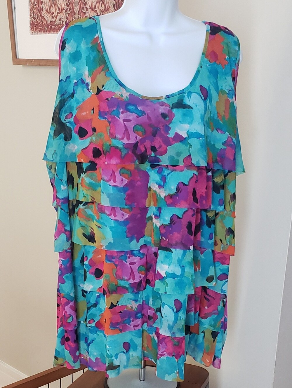 Fashion Bug, Tiered Scoop-Neck Women's Top, Aqua Multi, 26-28